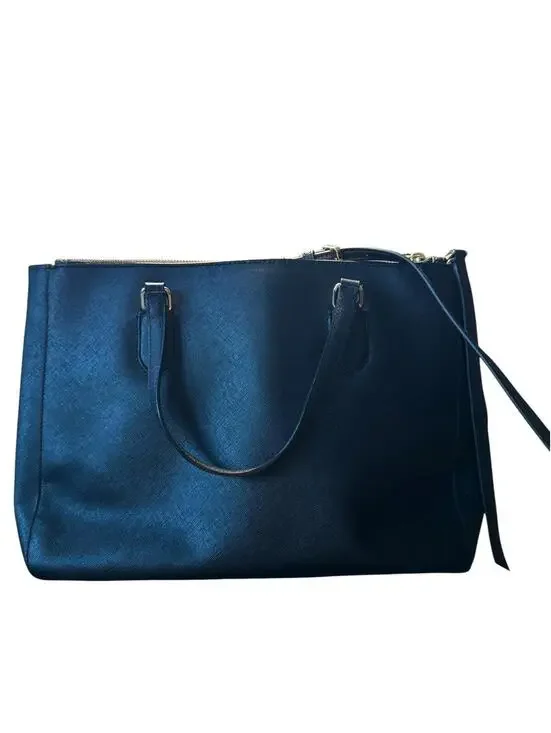 Kate Spade Black Leather Tote Bag with Blue Accent Scarf - Picture 3 of 6